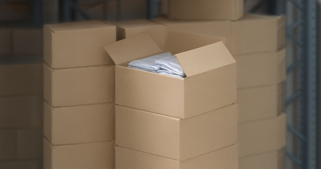 Kraft master cartons on warehouse shelving prepared for Amazon FBA shipment