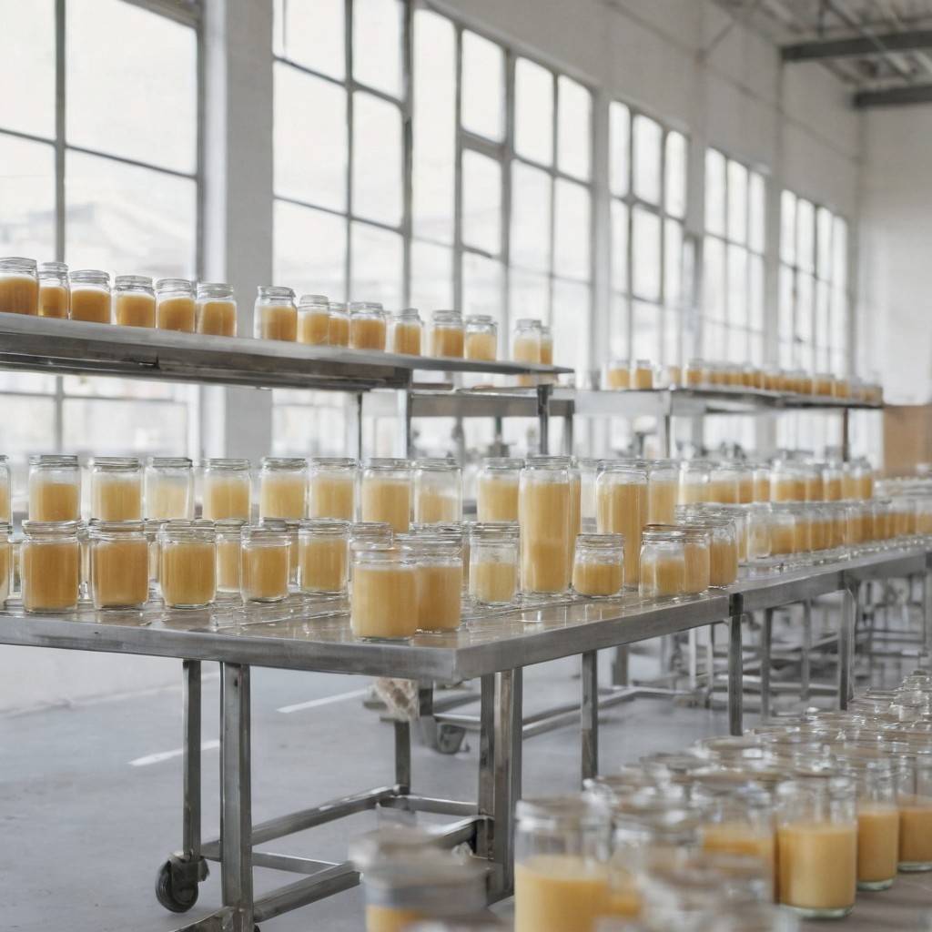 Unlabelled glass candle jars filled with white wax inside a Chinese home fragrance factory