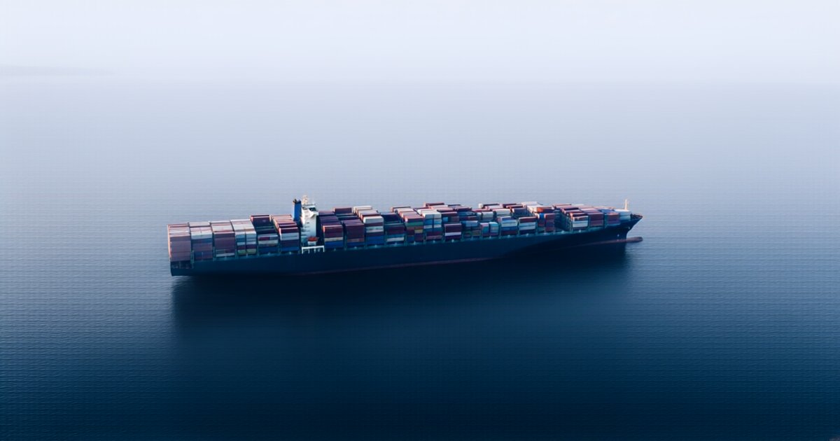Container ship fully loaded with stacked shipping containers crossing open ocean under overcast light