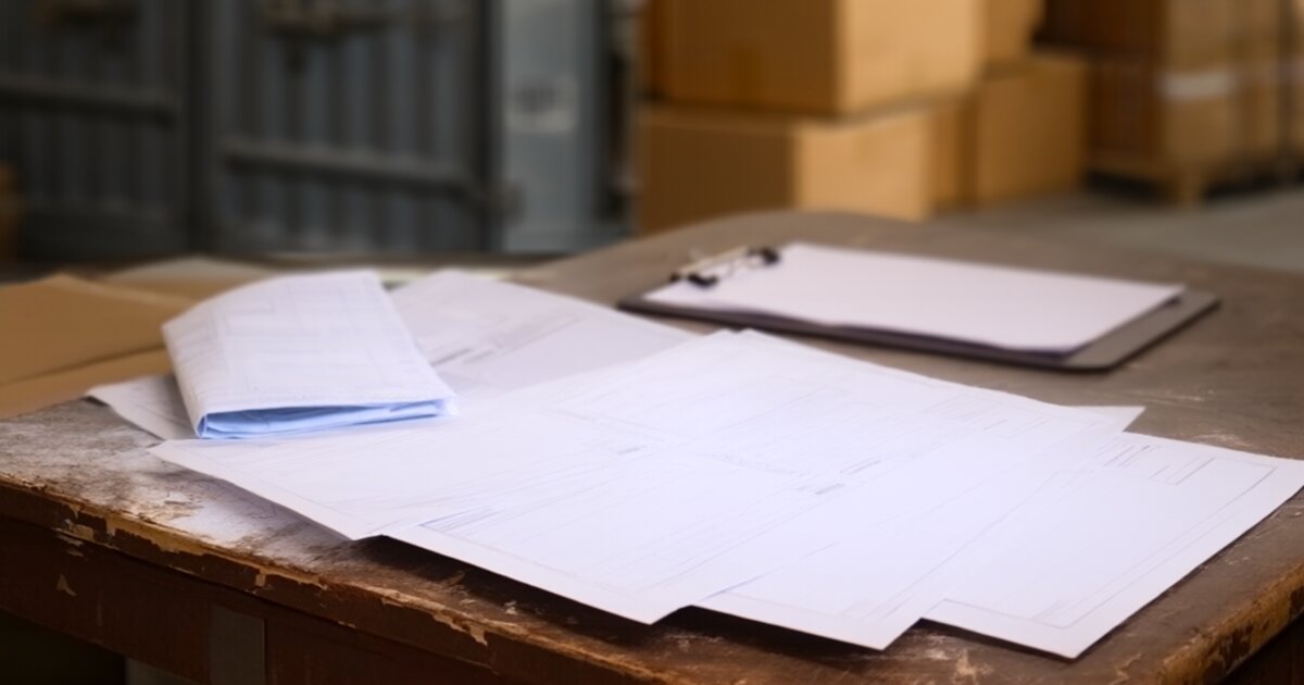 Export shipping paperwork and a packing list on a warehouse packing desk with cartons behind