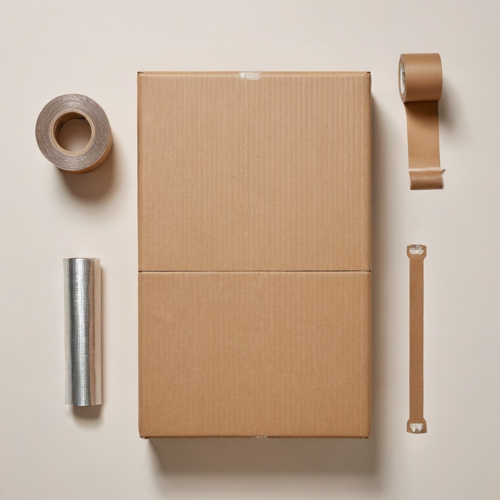 Plain cardboard parcel with packing tape, blank shipping labels and a postal scale arranged on a white studio surface, representing dropshipping from China and per-parcel fulfillment economics in 2026