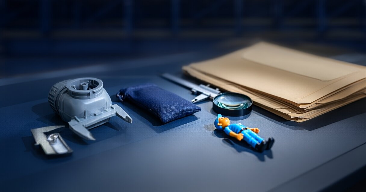 Customs classification workbench with product samples, calipers, magnifier and paperwork