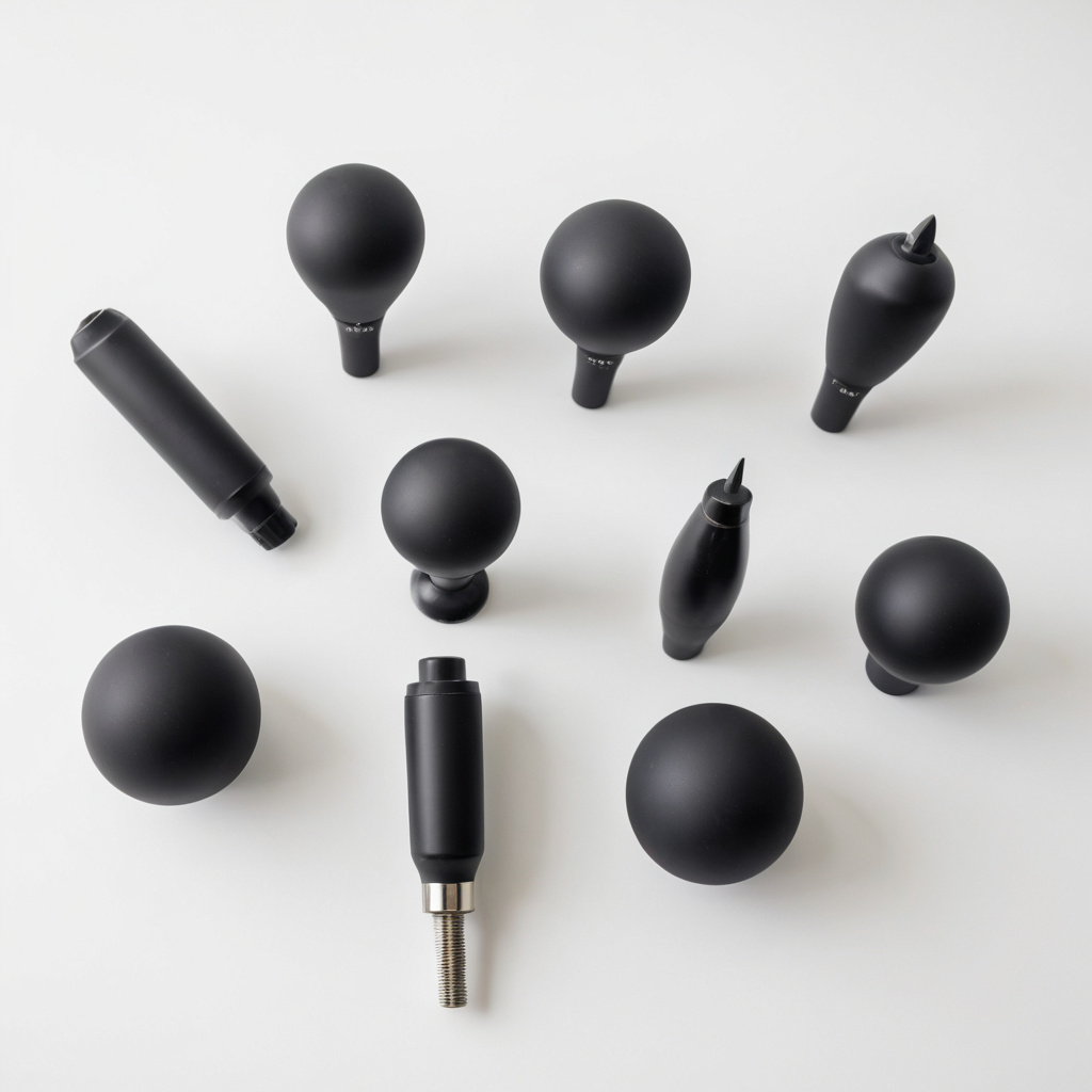 Matte black silicone massage attachment heads for percussive massage devices arranged on a white studio background