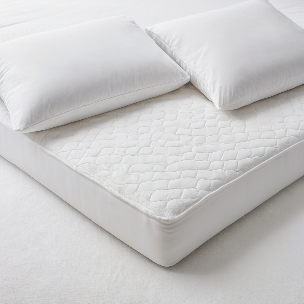 A rolled and vacuum-compressed mattress beside neatly stacked folded bedding, a memory foam pillow and a mattress topper on a bright neutral surface, representing sourcing mattresses, bedding and sleep products from China in 2026
