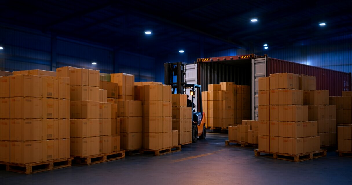 Stacked export cartons from several suppliers being consolidated into a single shipping container at a Chinese warehouse