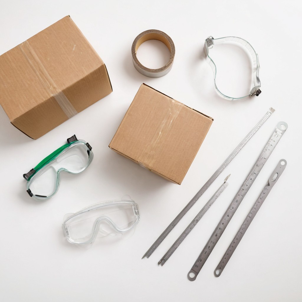 Plain shipping carton, packing tape, safety goggles and measuring caliper arranged on a white studio surface representing product liability and recall risk when importing from China