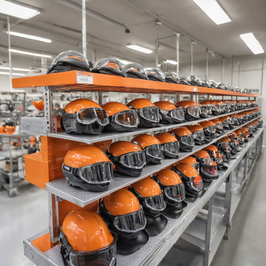 Rows of glossy unbranded ski helmets and aluminium snowshoes with orange decks on a stainless steel assembly table inside a bright Chinese winter sports hardgoods factory, representing winter sports and snow gear sourcing from China in 2026